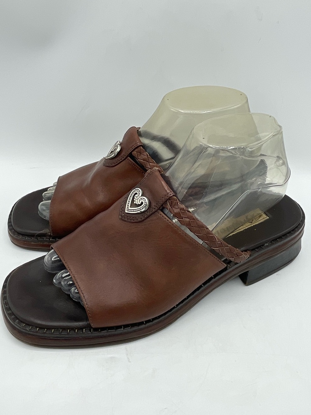 Brighton Brown Leather Slide Sandals, Heart Medallion and Braided Leather Strap.